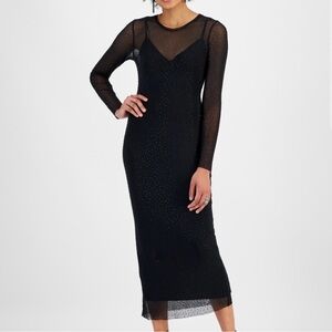 Bar III Studded Black Long Sleeve Sheer Midi Dress